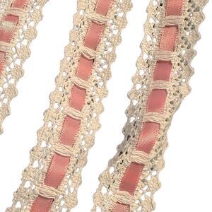 Vintage 60s white cotton mix broderie anglaise lace trim weaved with pink ribbon